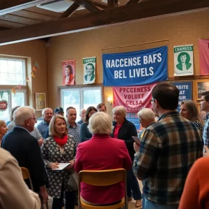 Community gathering with elected official speaking
