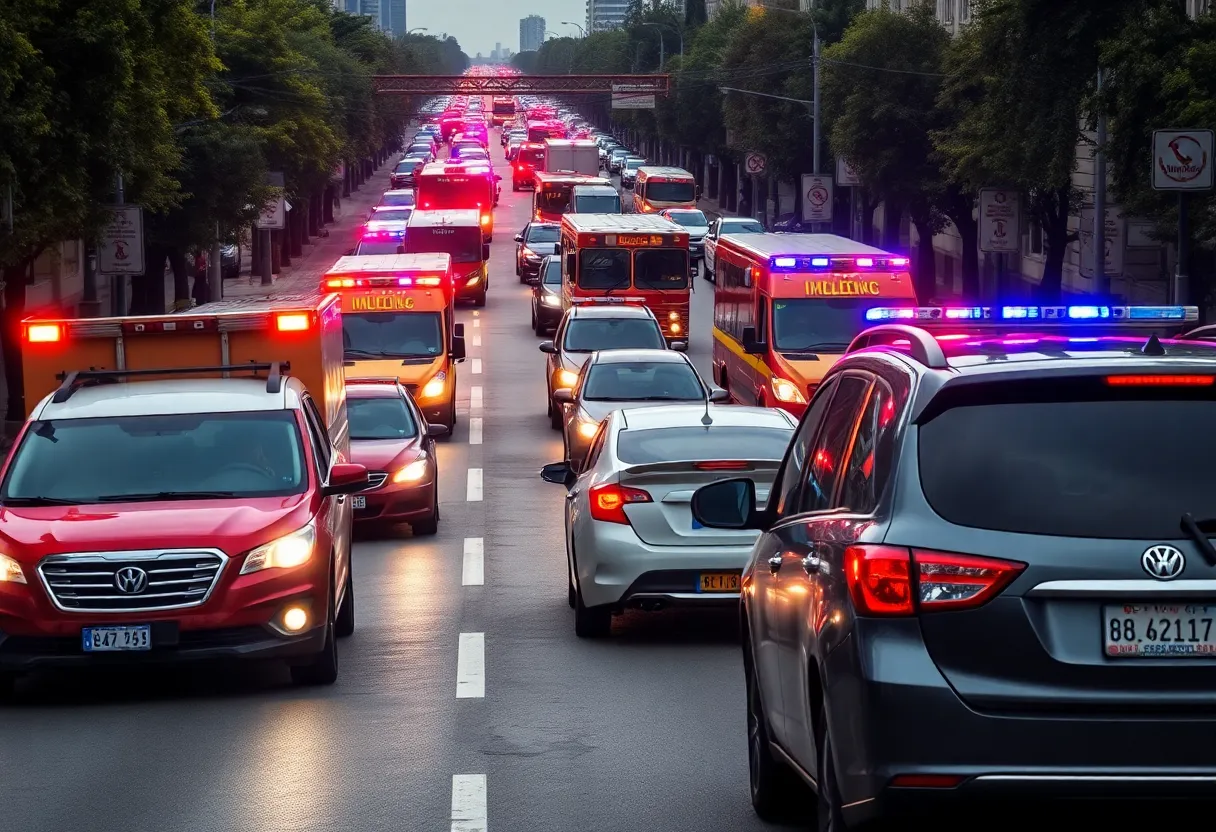 Traffic jam in Knoxville with emergency services present