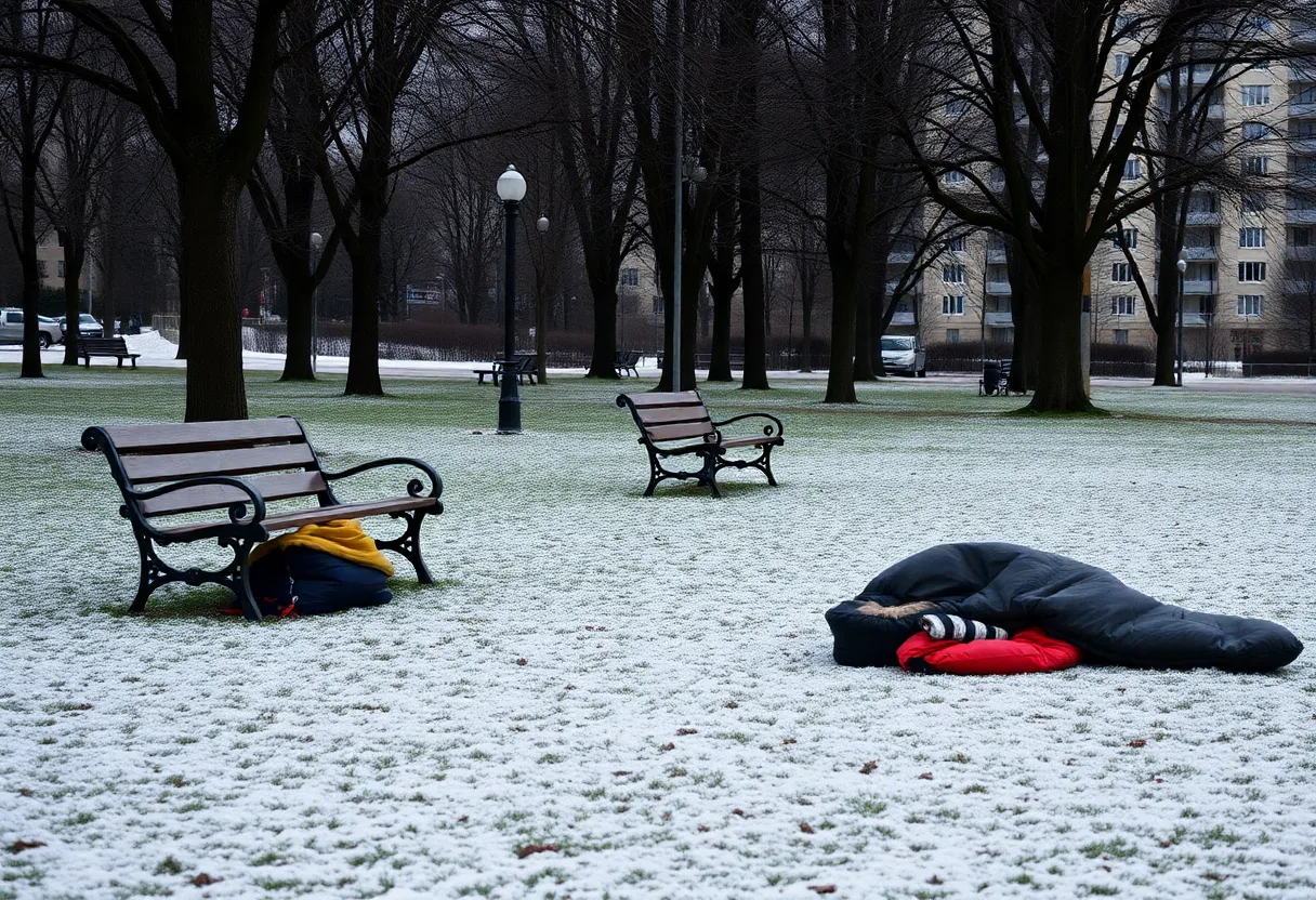 Winter scene in a Knoxville park emphasizing homelessness