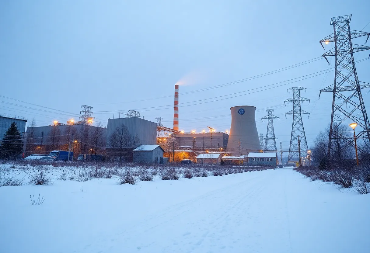 Winter scene of TVA power plant amidst snow, representing energy generation and winter challenges.