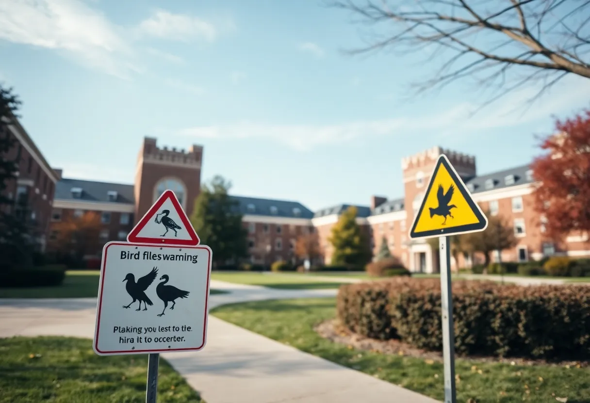 University campus with a bird flu warning sign
