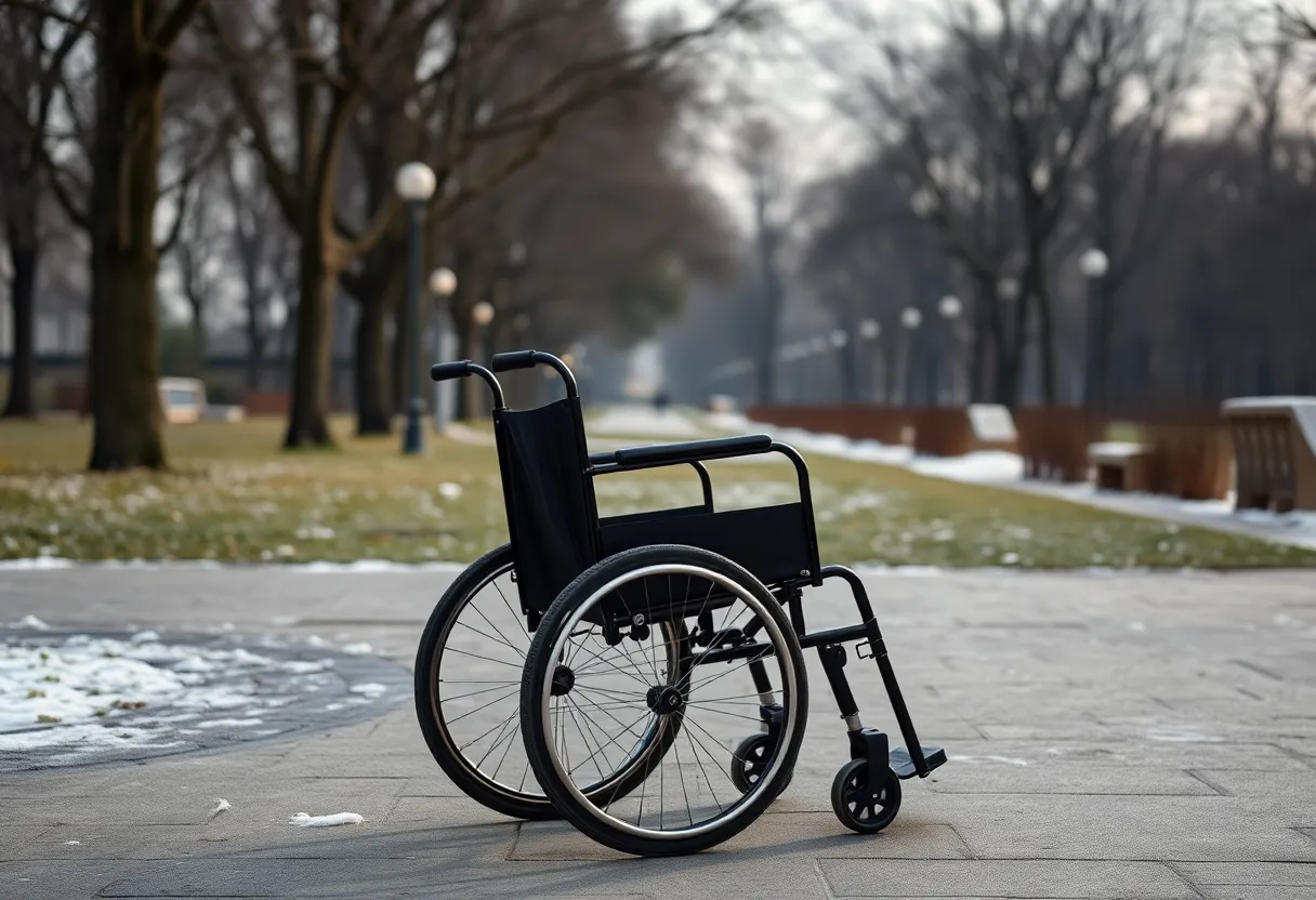 Wheelchair in a snowy park