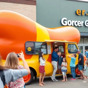 Families enjoying the Oscar Mayer Wienermobile at Kroger