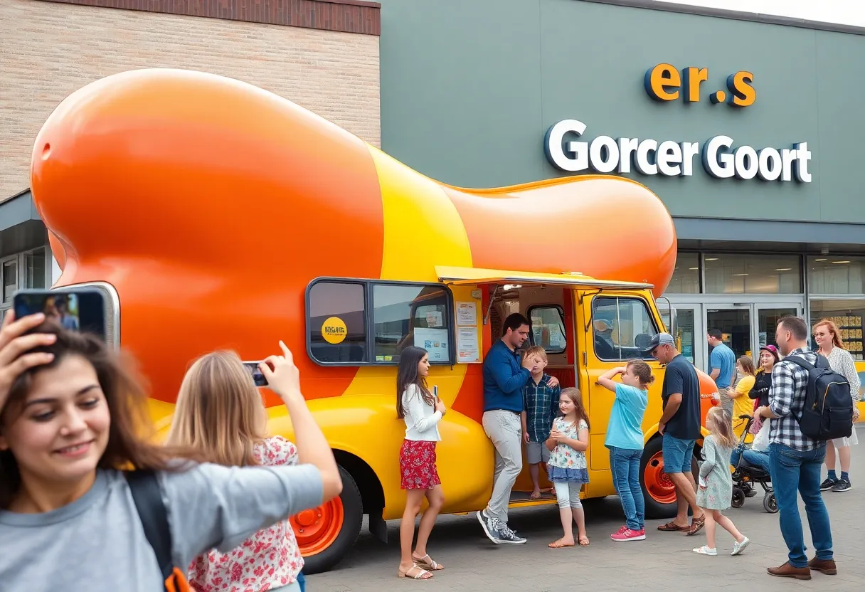 Families enjoying the Oscar Mayer Wienermobile at Kroger