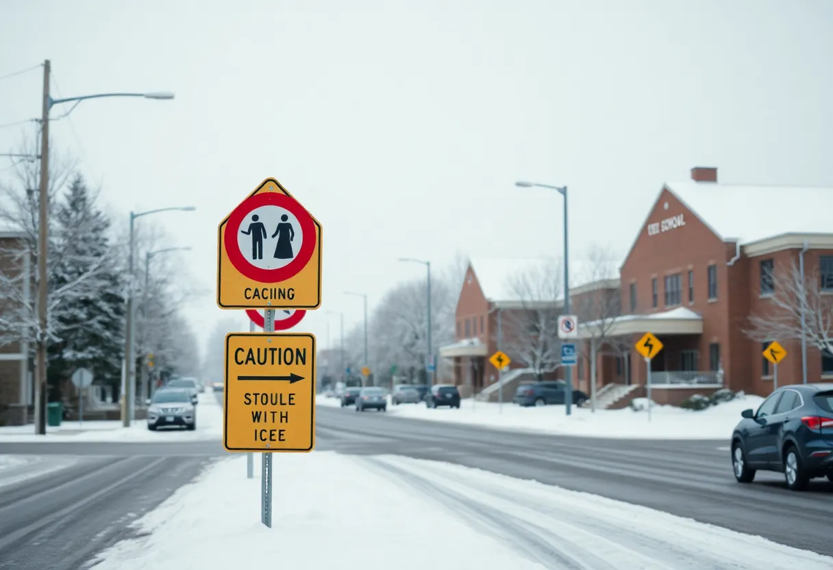 Snowy streets with school buildings in the background, caution signs for icy road conditions
