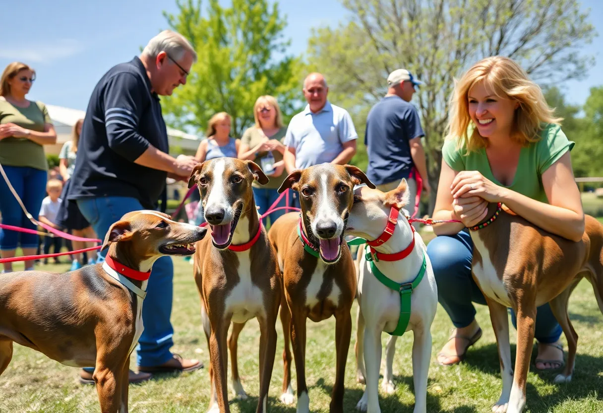 Family bonding with a retired greyhound at an adoption event