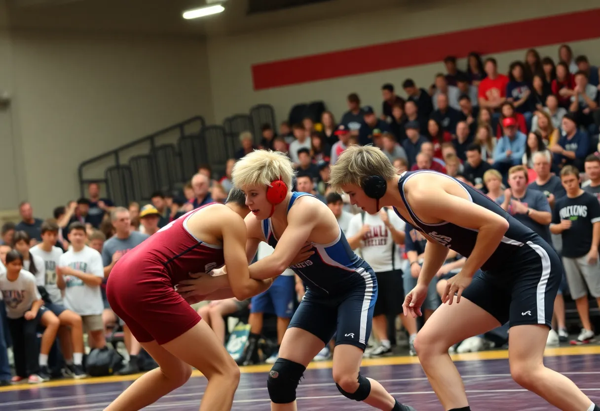 Alcoa high school wrestlers competing in a dual meet
