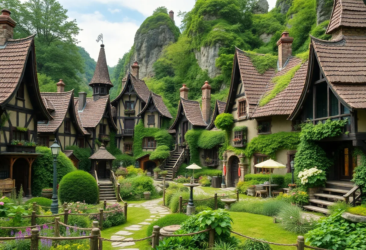 A view of the enchanting Ancient Lore Village with unique designed cottages.