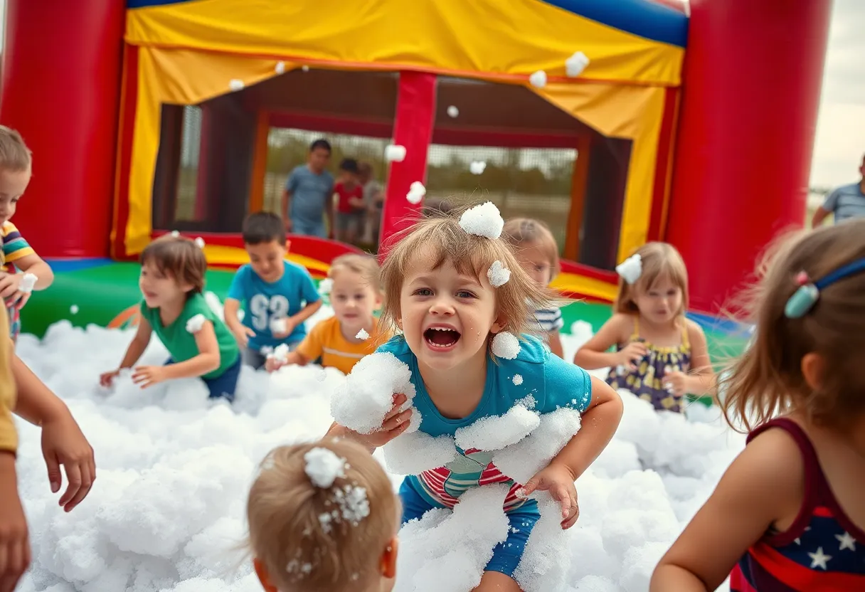 Children in distress at a bounce house during a celebration