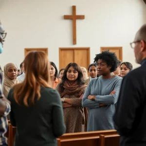 A diverse group of people engaged in a community safety discussion at a church.