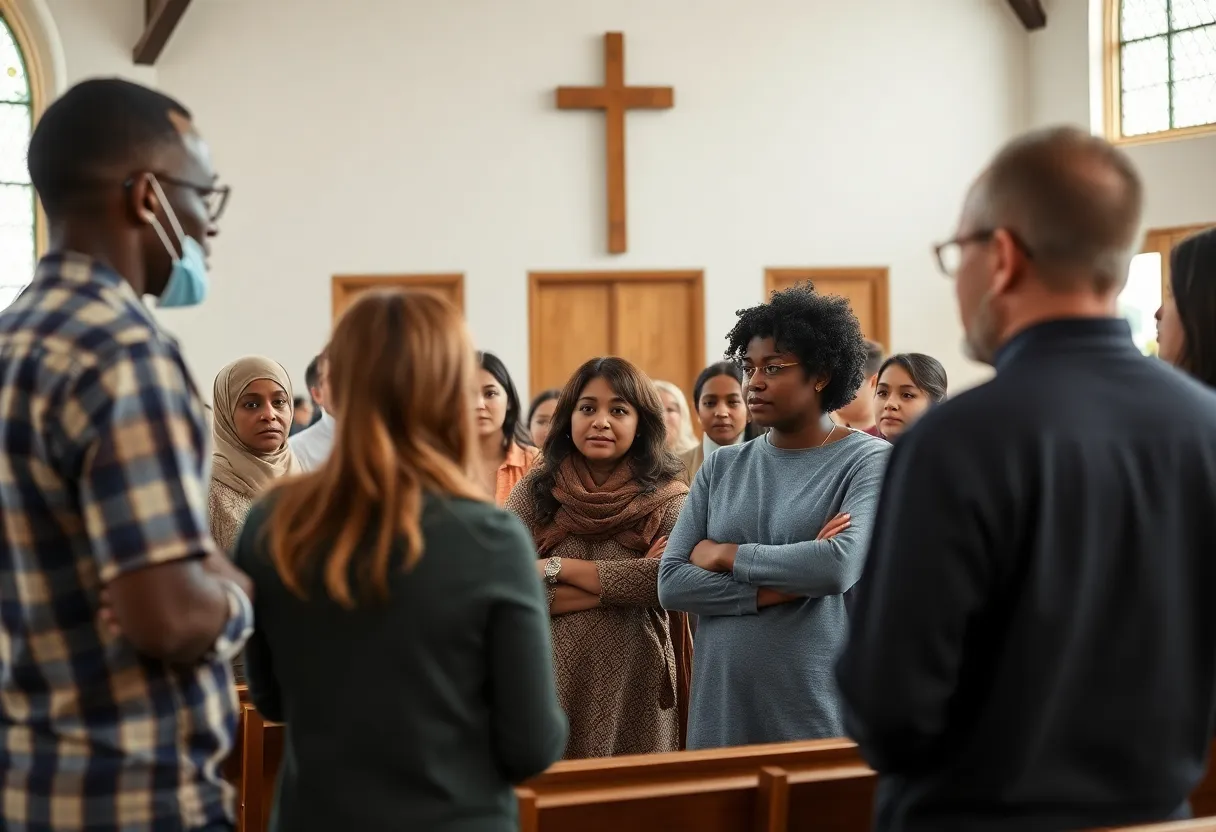 A diverse group of people engaged in a community safety discussion at a church.