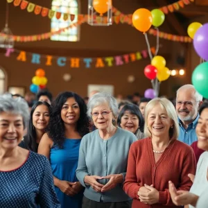 A diverse group of community members interacting with balloons in a Knoxville church