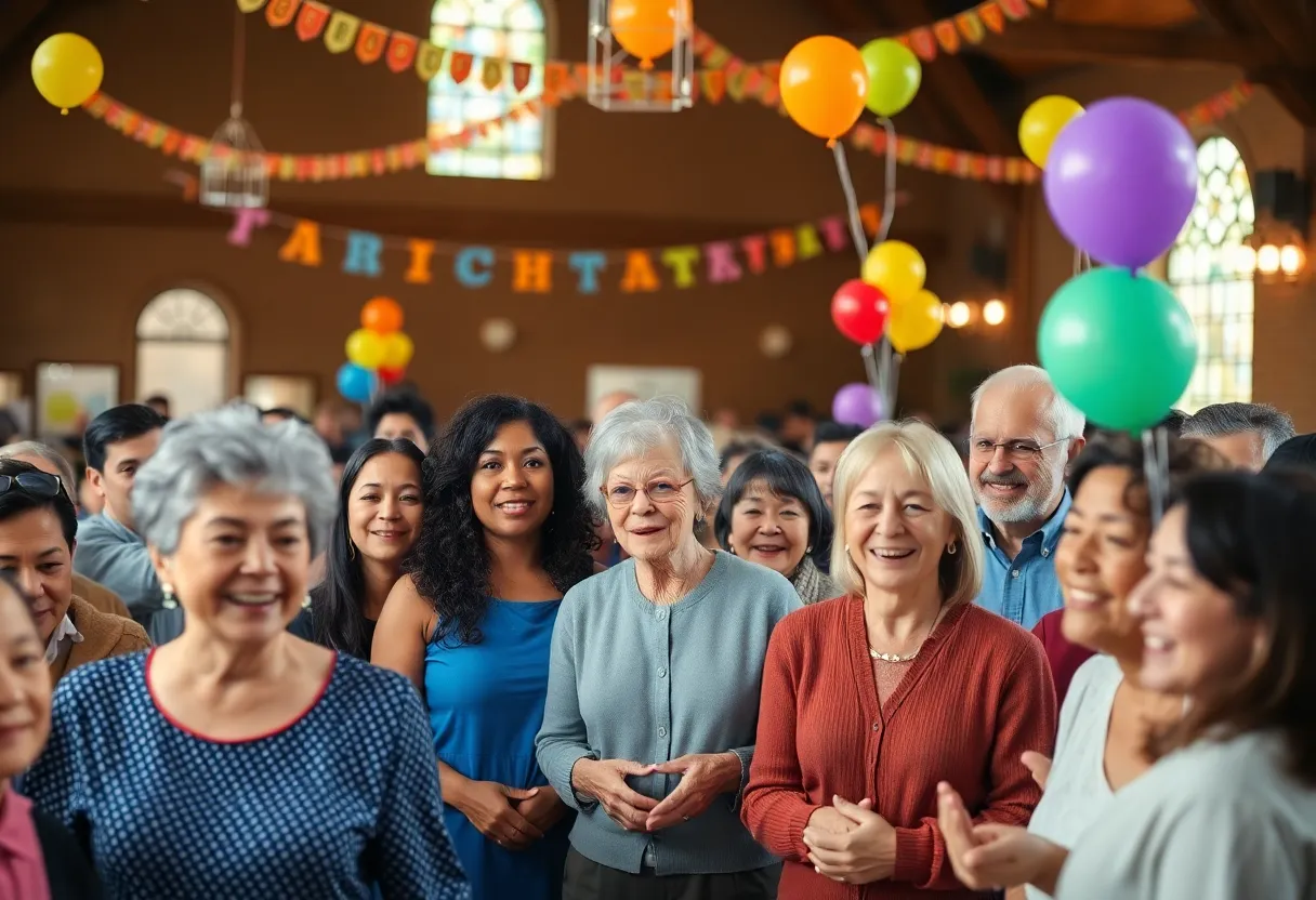 A diverse group of community members interacting with balloons in a Knoxville church