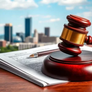 Courtroom gavel and documents in front of Knoxville skyline