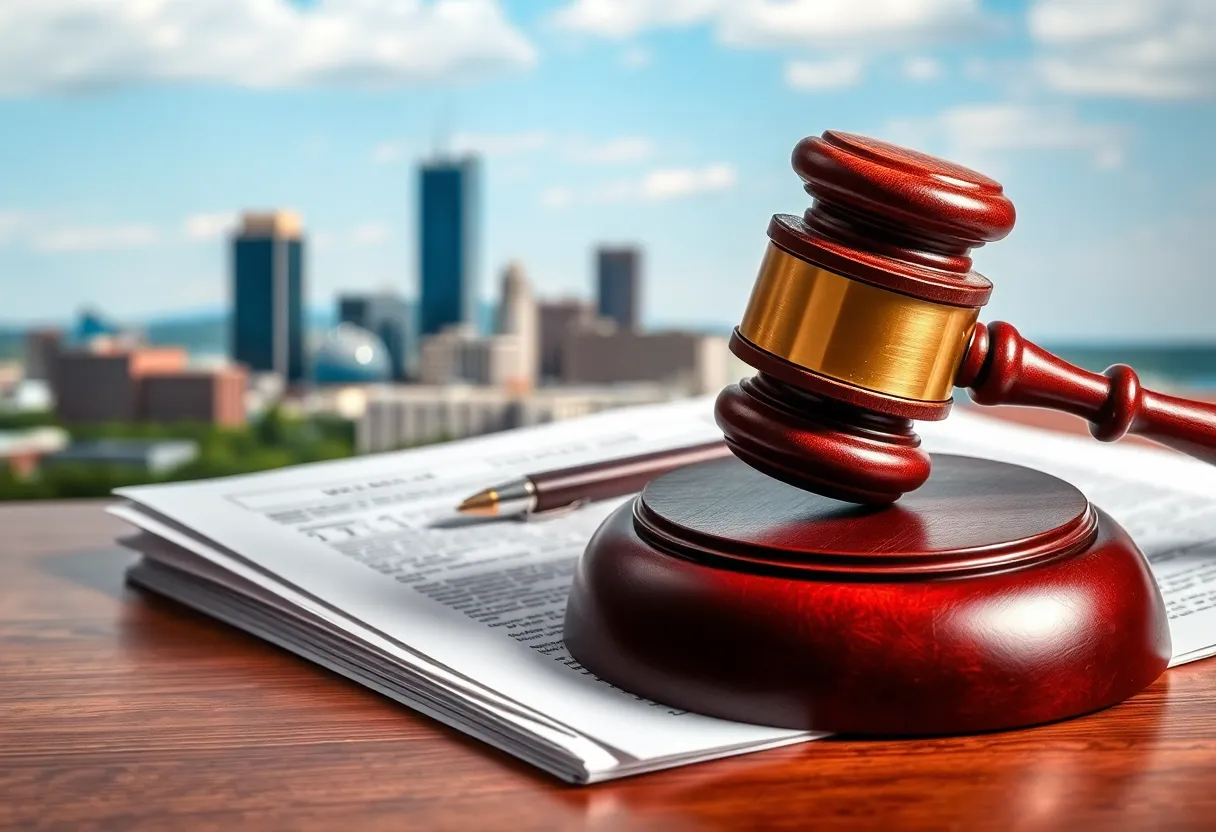 Courtroom gavel and documents in front of Knoxville skyline