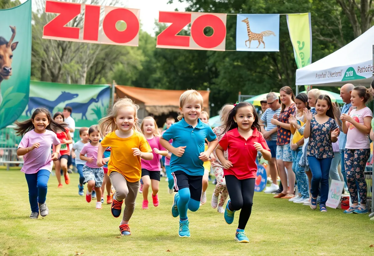 Children participating in the Covenant Kids Run at Zoo Knoxville, with families cheering and a zoo animal in view.
