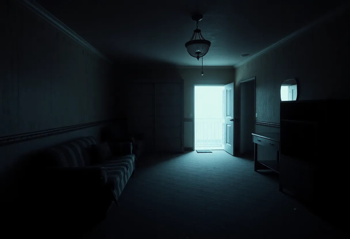 A dark, haunting motel room symbolizing mystery and unresolved cases.