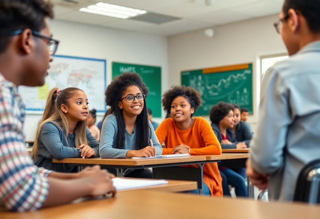 Students of various backgrounds learning together in a classroom setting.