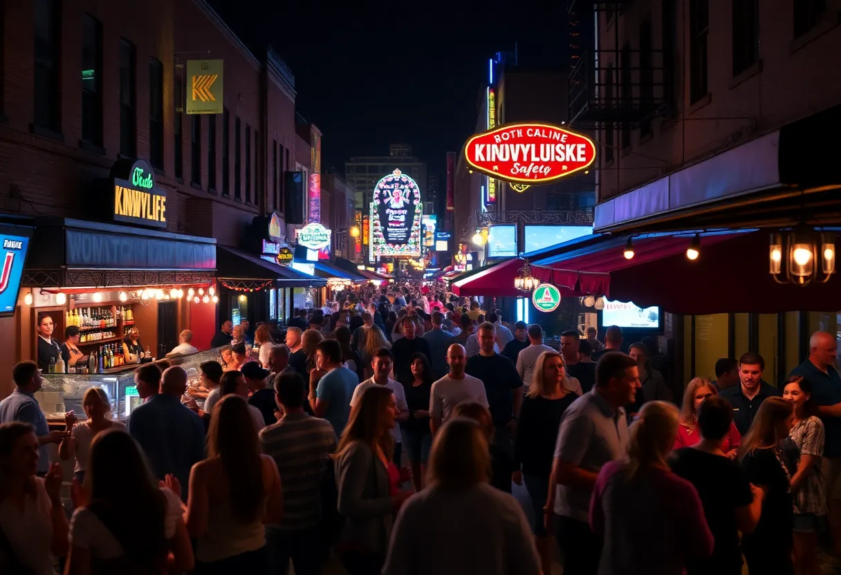 Bustling nightlife in Downtown Knoxville with people socializing outside bars.