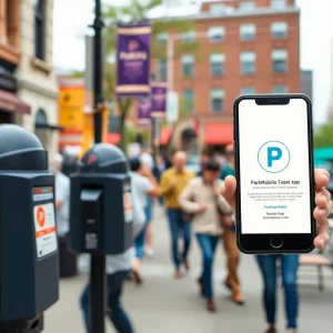 A view of downtown Knoxville showing parking meters and pedestrians enjoying the area.