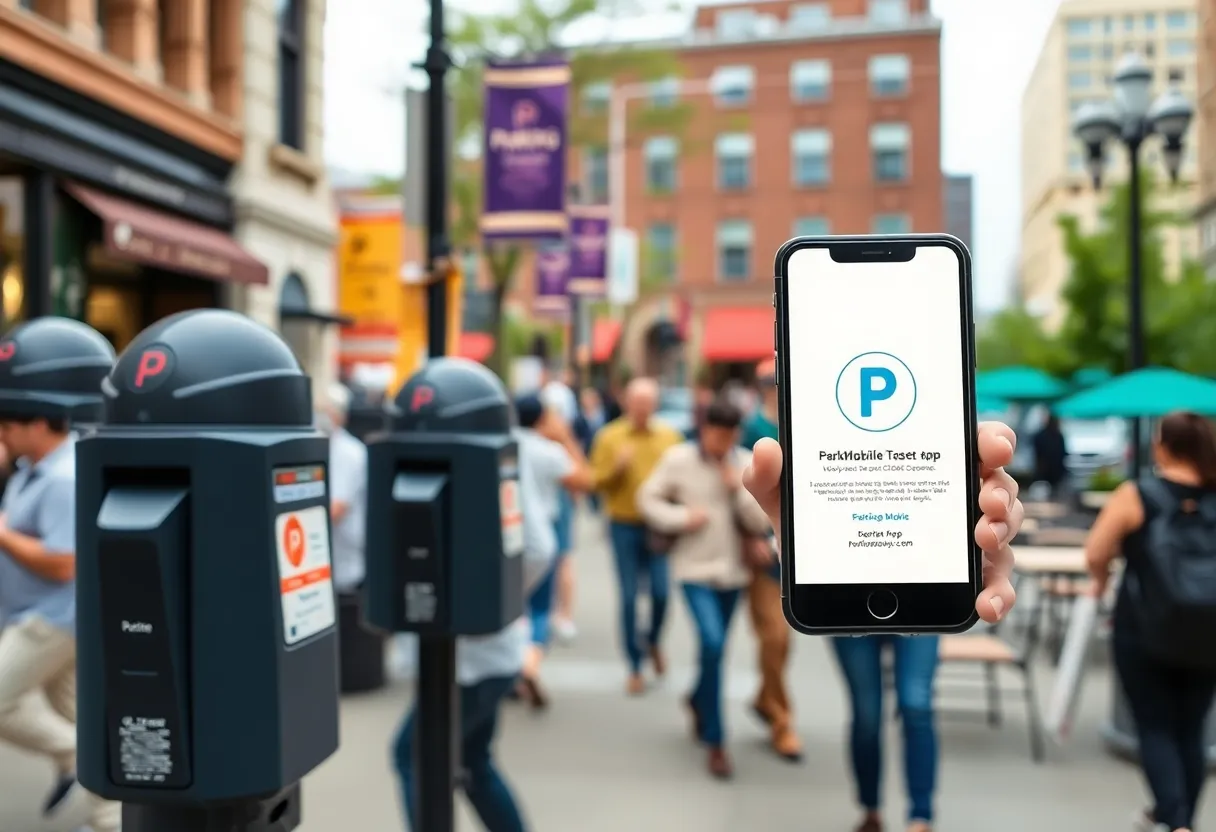 A view of downtown Knoxville showing parking meters and pedestrians enjoying the area.