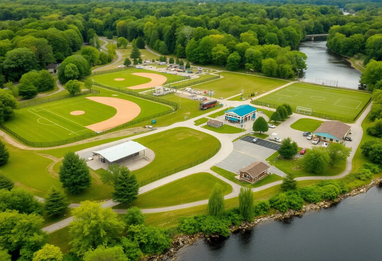 Rendering of the new park planned for East Knoxville with sports facilities and camping areas.