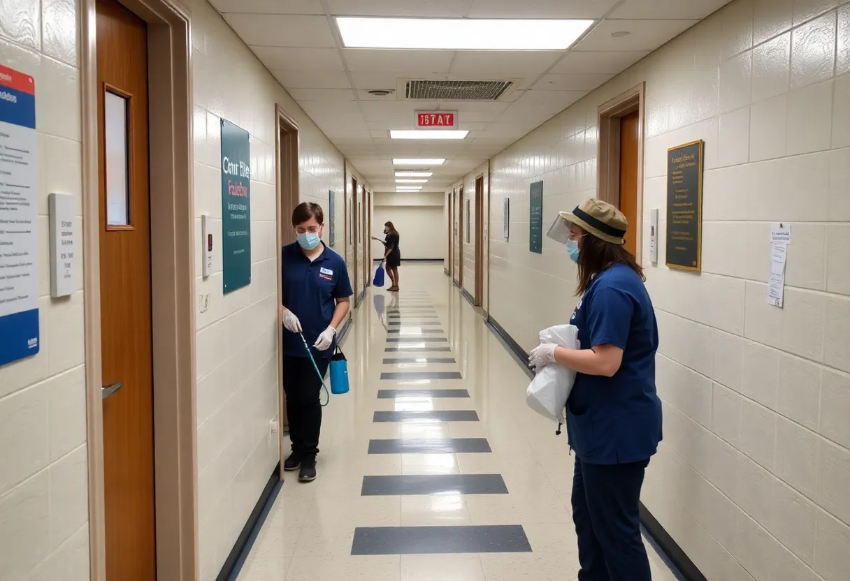 Custodial staff cleaning a school during the flu outbreak.