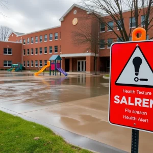 A flooded school playground with a health alert sign.