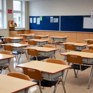 Empty classroom with desks and chairs, indicating school closure due to health concerns.