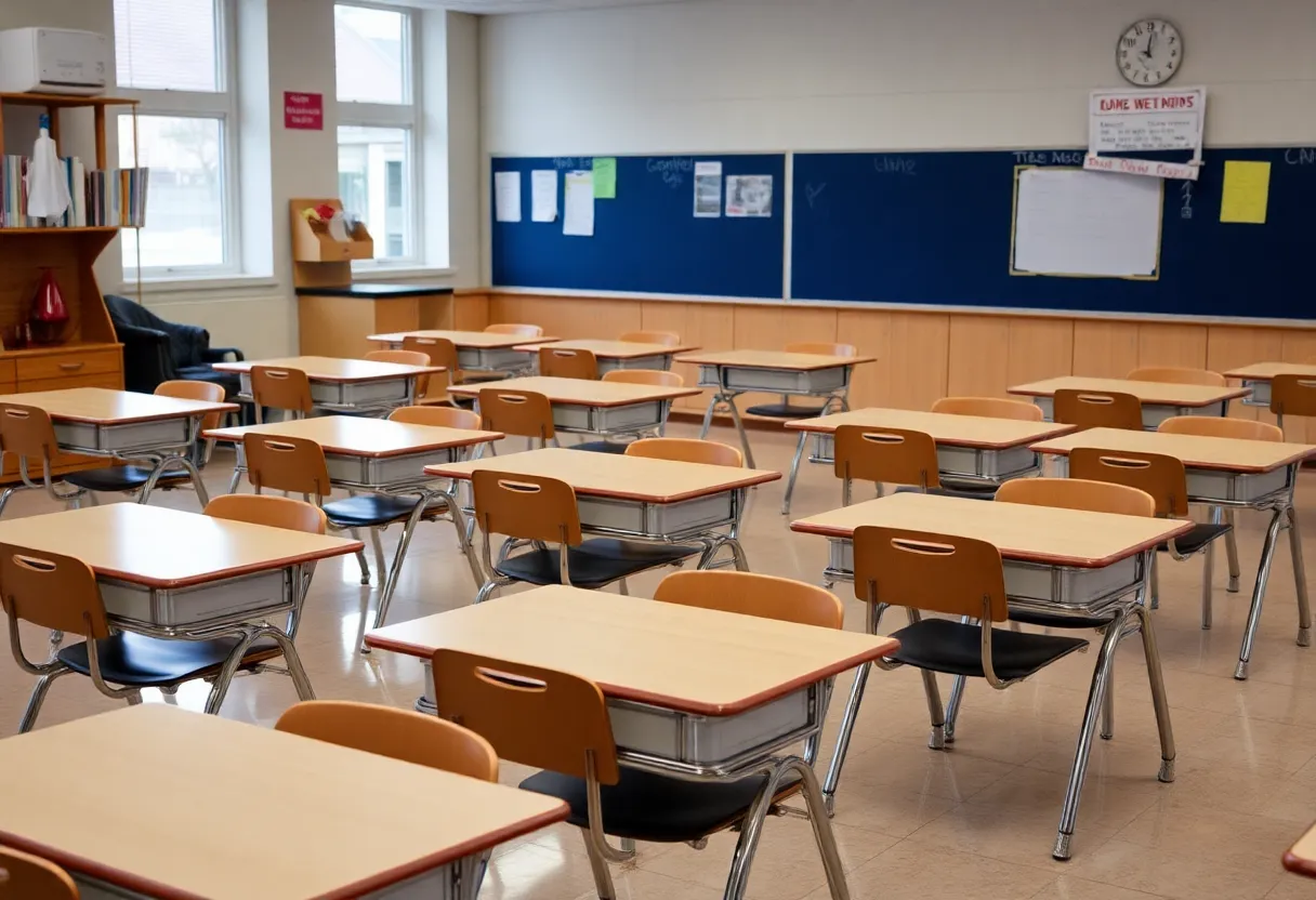 Empty classroom with desks and chairs, indicating school closure due to health concerns.