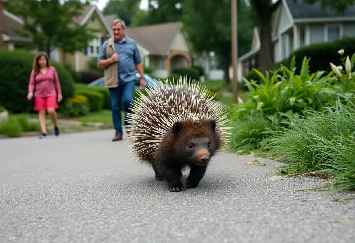 A porcupine roaming in a neighborhood