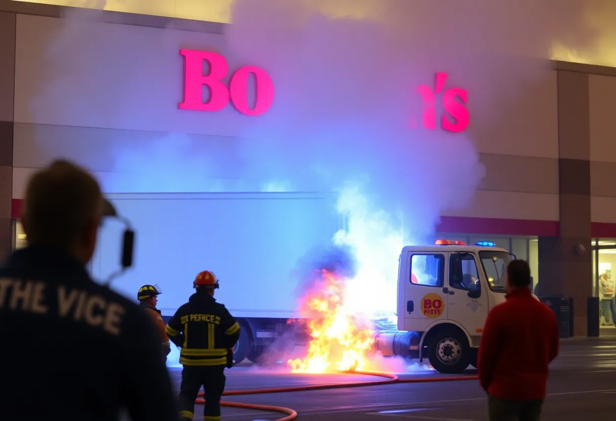 Firefighters battling a box truck fire near retail store