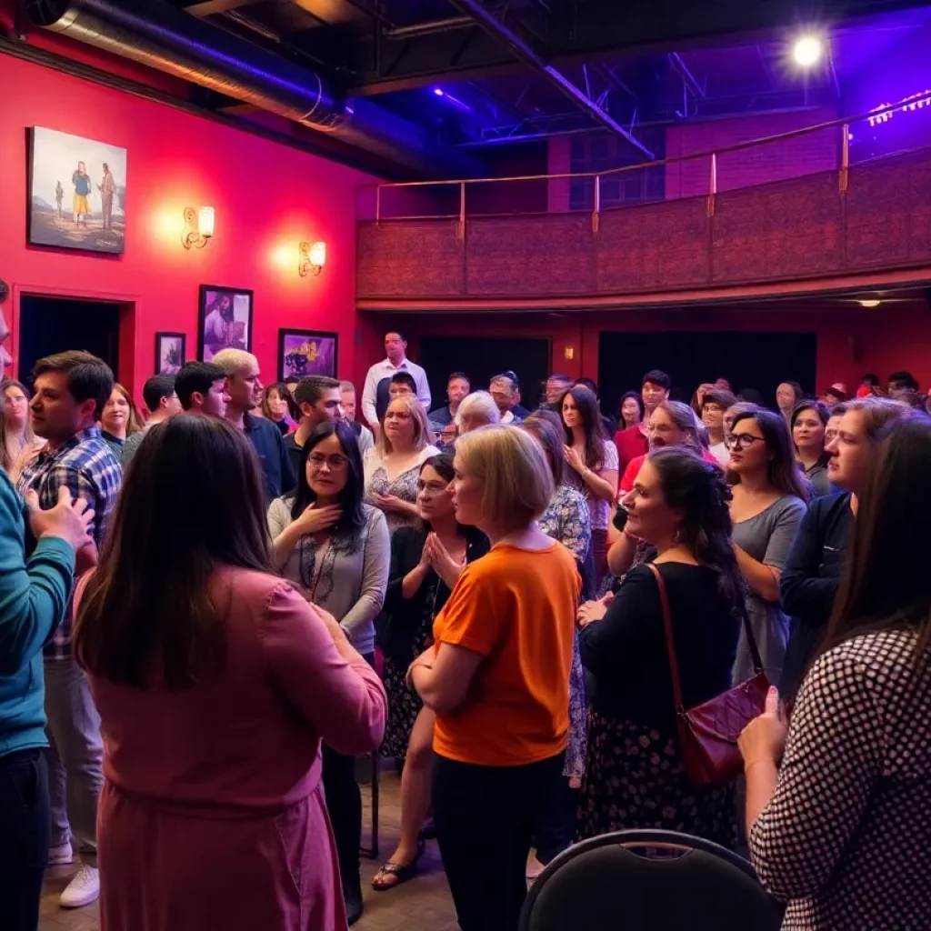 A lively theatre performance by First Take Co. with audience participation in a local venue.