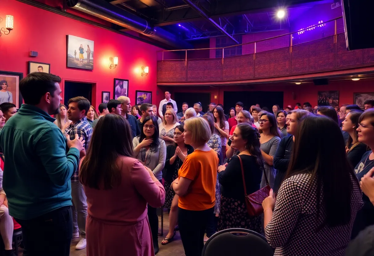 A lively theatre performance by First Take Co. with audience participation in a local venue.