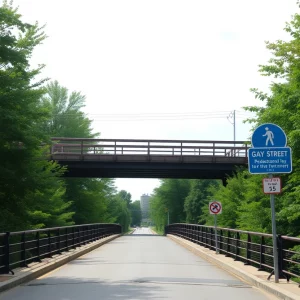 A view of the Gay Street Bridge featuring pedestrian safety signs.