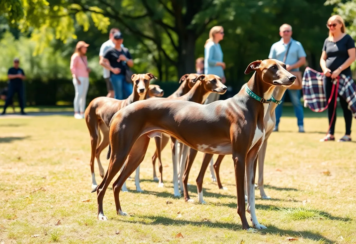 Greyhounds waiting for adoption in a park