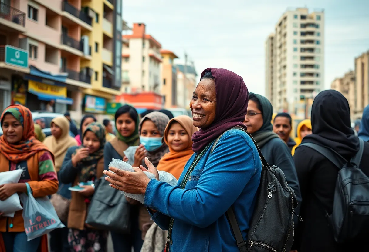 Volunteers working on humanitarian efforts in a war-torn urban environment in Ukraine.