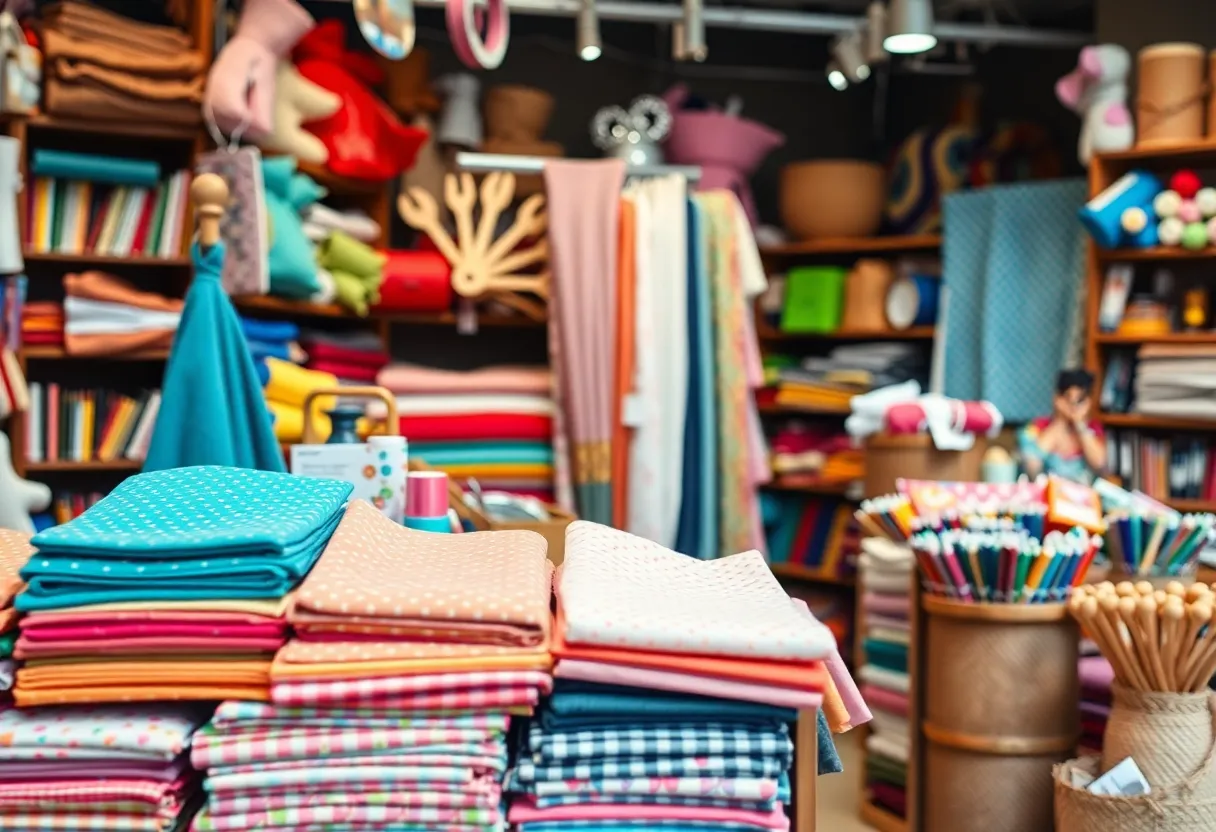 Colorful crafting supplies and fabrics in a craft store
