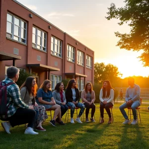 Students discussing in a park outside Karns High School
