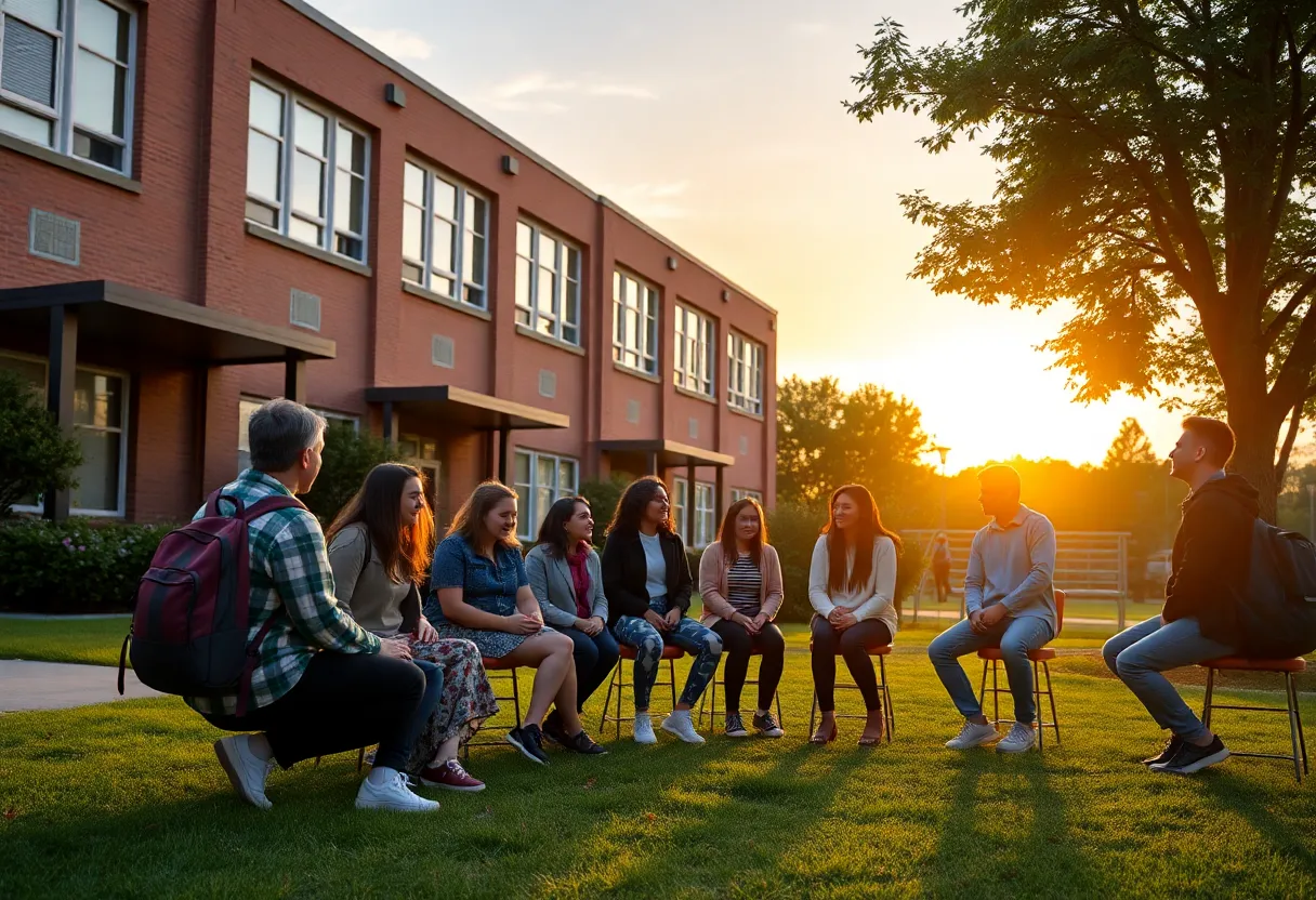 Students discussing in a park outside Karns High School