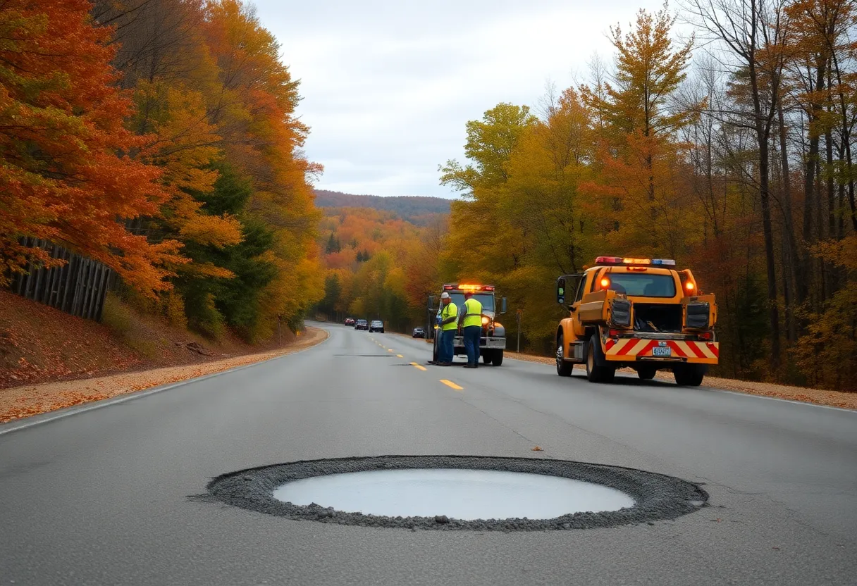 Workers repairing potholes on a Knox County road surrounded by trees.