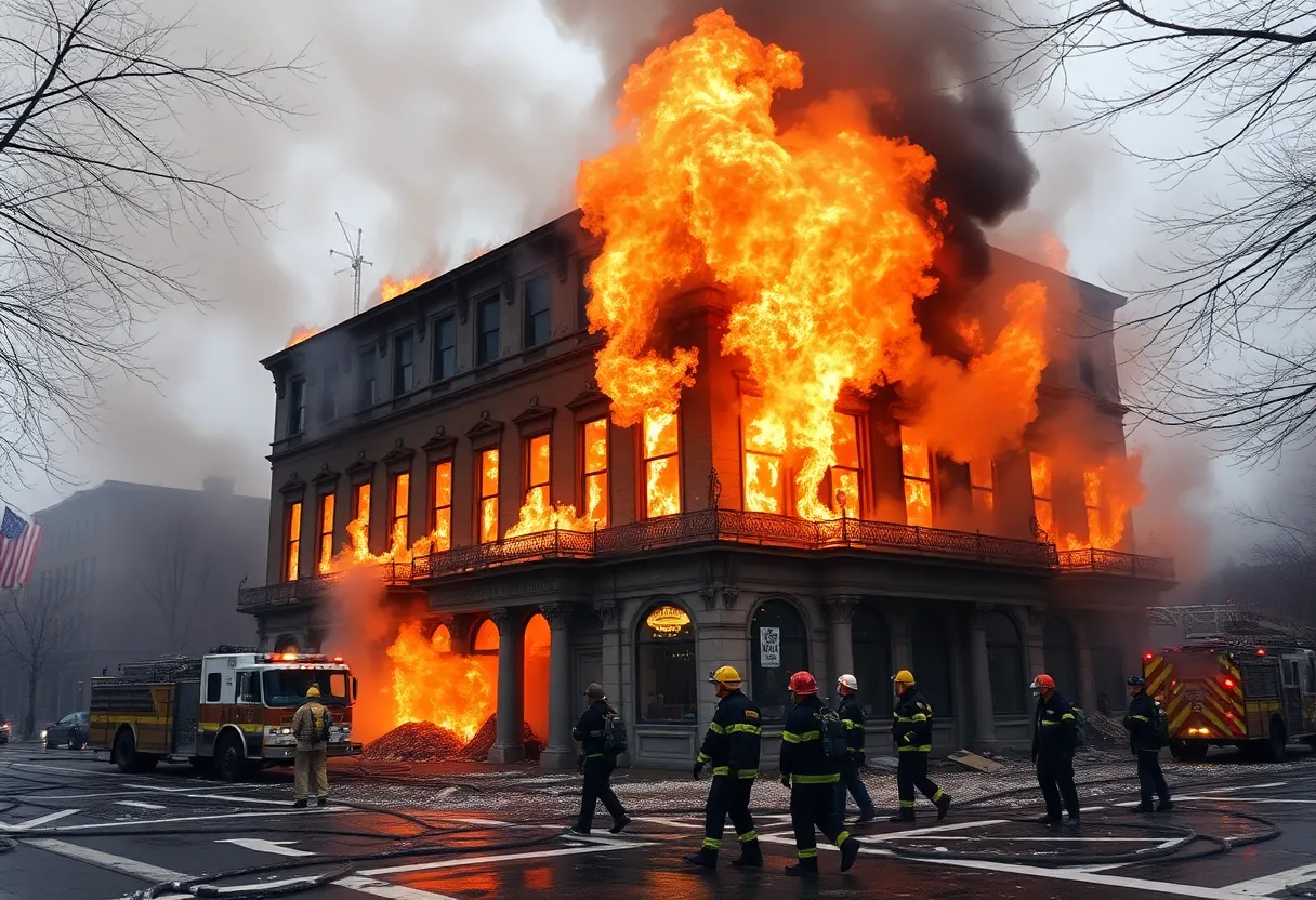 Fire engulfing Elnathan Hall at Knoxville College