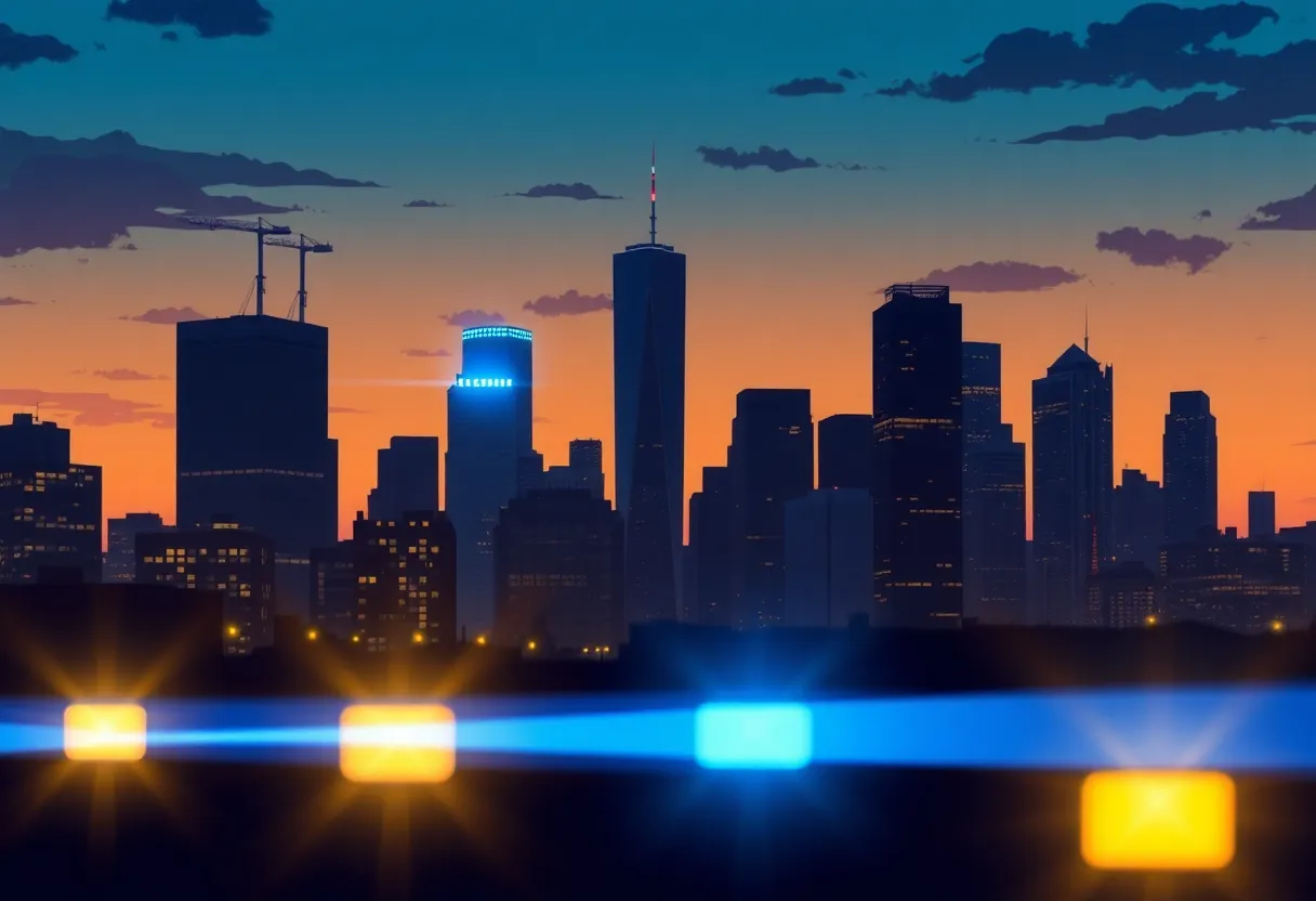 Police lights flashing in a city skyline during an operation against gang crime.