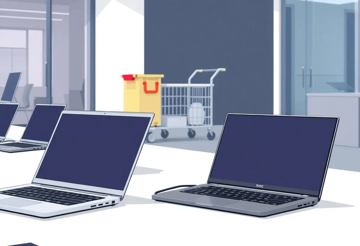 Office setting showing laptops and cleaning supplies
