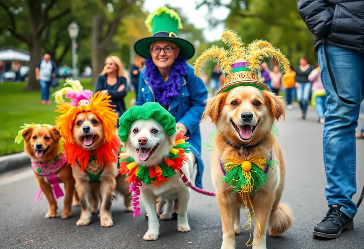 Dogs and owners in festive costumes at Knoxville's Mardi Growl parade