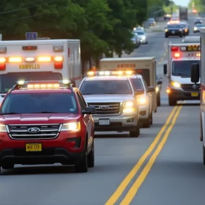 A busy Knoxville street highlighting no-parking zones with emergency vehicles nearby.