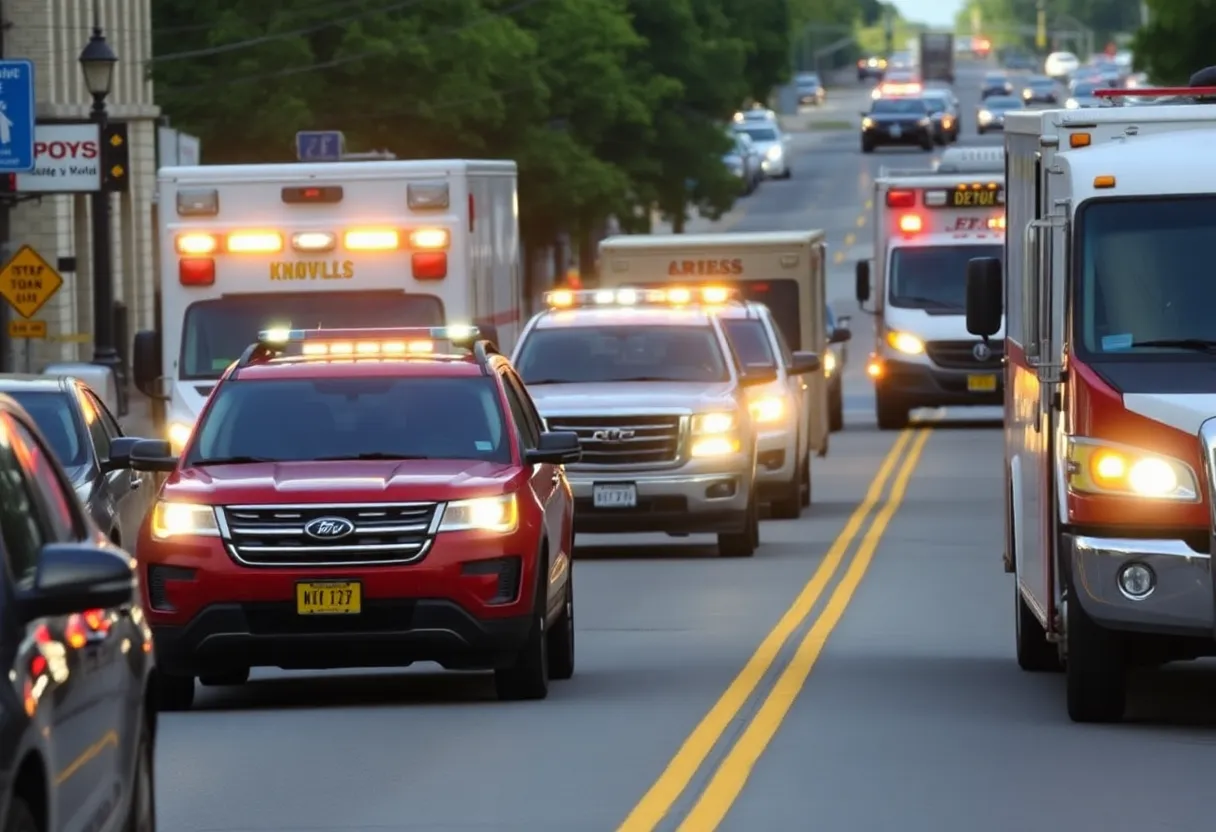 A busy Knoxville street highlighting no-parking zones with emergency vehicles nearby.