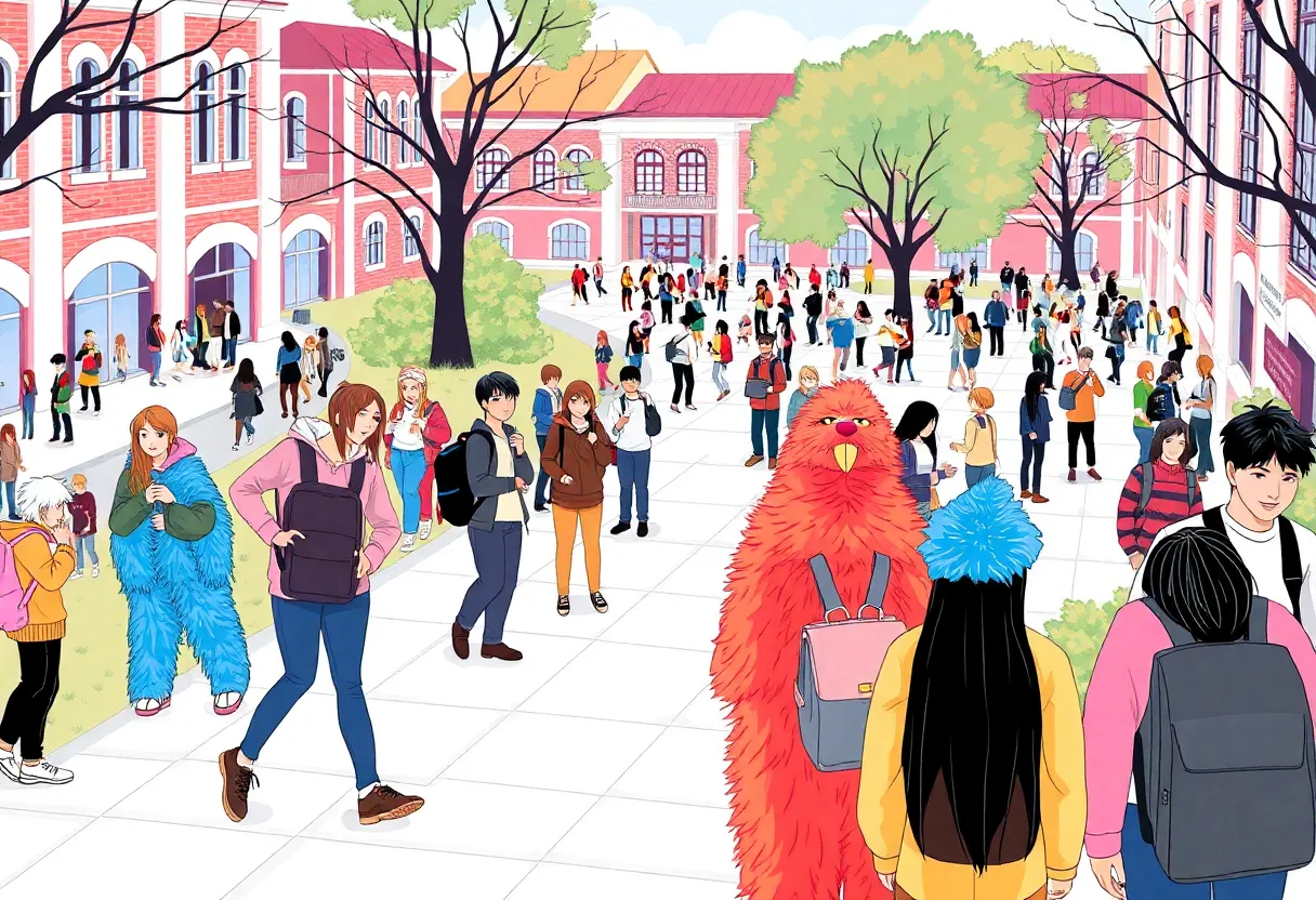 Students in furry costumes on a university campus