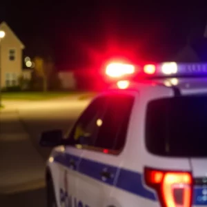 Police vehicle with flashing lights responding to an emergency