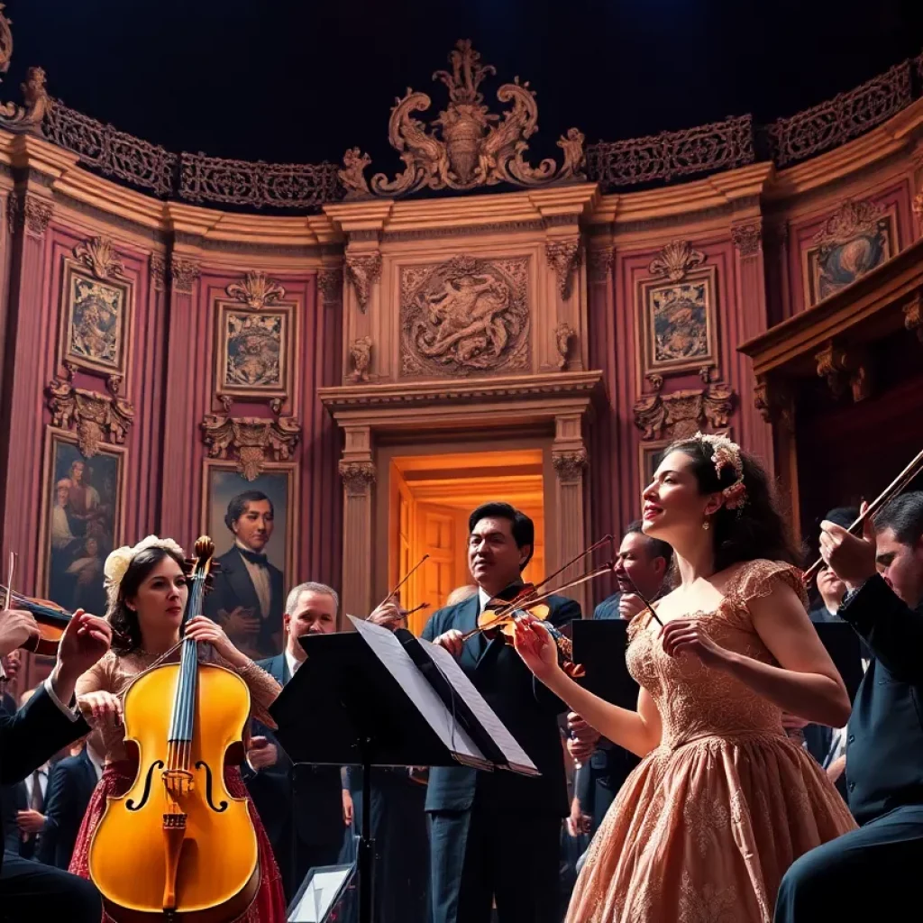 A scene from La Bohème showing musicians on stage.